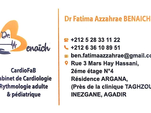 Cabinet Cardiologie et Rythmologie Dr. Fatima Azzahrae Benaich - Inezgane - +212 5283-31122